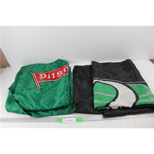 (2) Pilsner Saskatchewan Rough Rider Beer Flags- Both 59.5'' x 35''