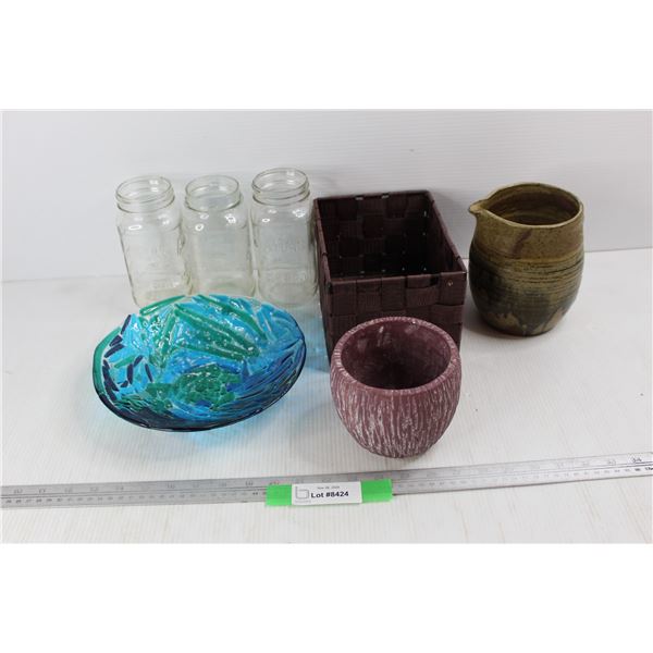 Stained Glass Decor Plate, (3) Canning Jars- No Lids, Misc.
