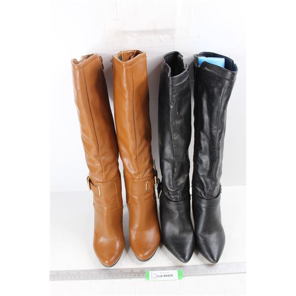 (2) Pairs Of Women's Leather High Heel Style Boots, Both Size 6
