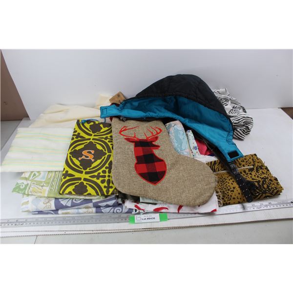Lot Of Various Fabric Pieces, Christmas Stocking, Misc.