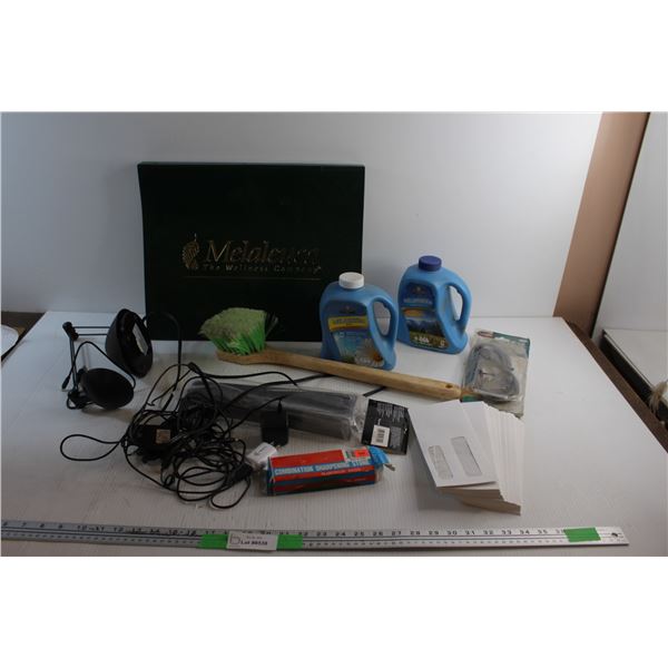Desk Lamp, Envelopes, Chargers, Melapower Laundry Detergent, Shower Brush, Sharpening Stone and Misc