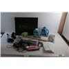 Image 1 : Desk Lamp, Envelopes, Chargers, Melapower Laundry Detergent, Shower Brush, Sharpening Stone and Misc