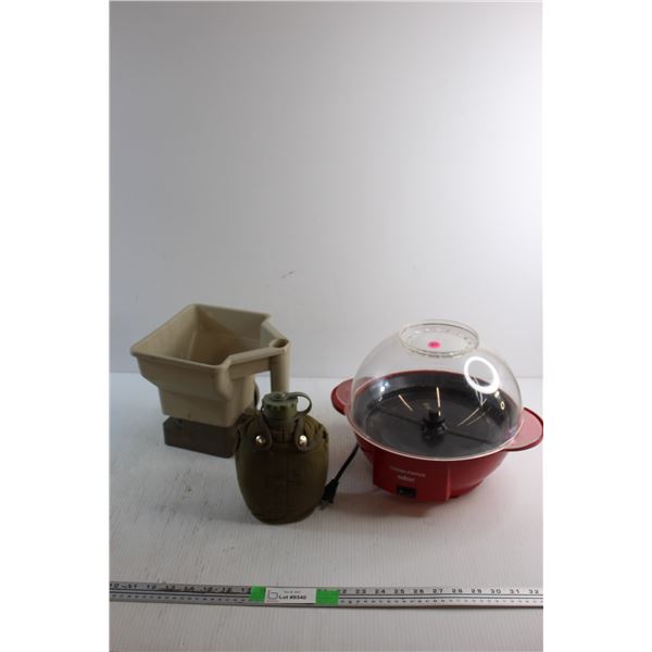 Spreading Fertilizer, Pop Corn Maker - As Is and Military Water Flask