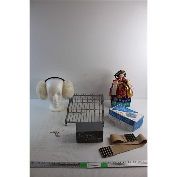 Metal Display Rack, Japanese Doll, Surgical Face Masks, Belt, Ear Warmer and Misc.