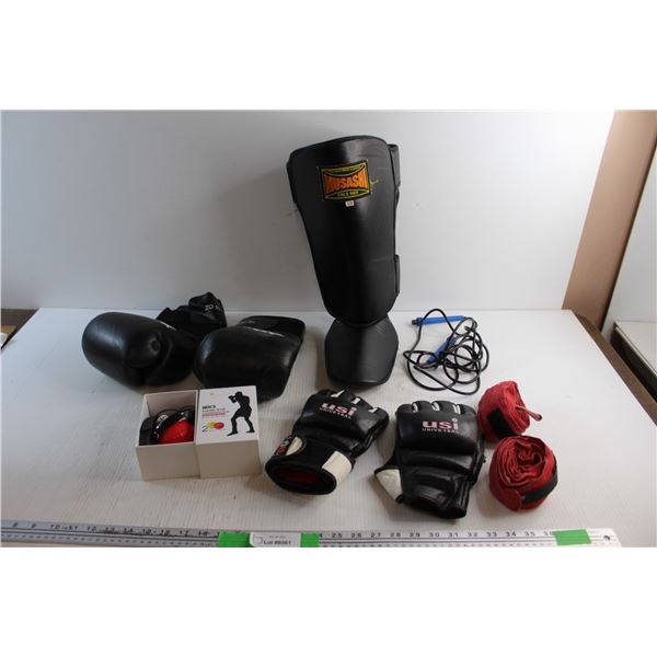 Boxing Gloves, Skip Rope, Lifting Straps, Hand Eye Coordination Ball and Kick Boxing Gear