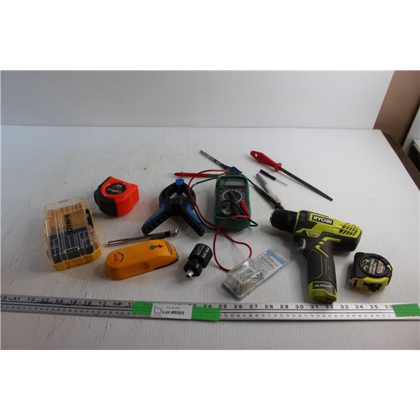 Edge Finding Tool, DeWalt Drill Bits, Clamp, Cordless Screwdriver - As Is, Tape Measures and Misc.