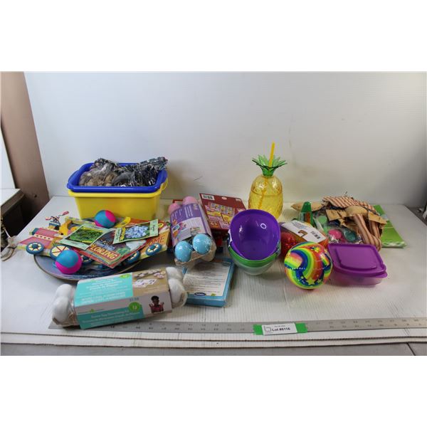 Pebbles, Bouncy Ball, Artificial Eggs, Plate, Misc.