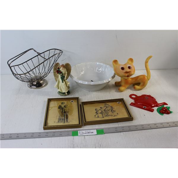 (2) Framed Artworks, Rubber Cat Doll, Bowl, Angel Statue