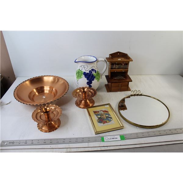 Copper Bowl, (2) Copper Candle Holders, Pitcher, Mirror, Miniature Drawer, Tobacco Silk