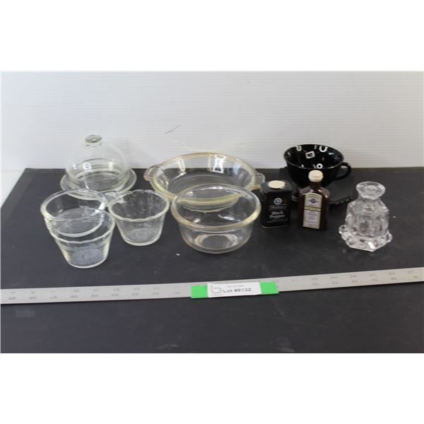 (7) Glass Dishes, Black Cup and Saucer, Salt and Pepper Shakers