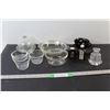 Image 1 : (7) Glass Dishes, Black Cup and Saucer, Salt and Pepper Shakers