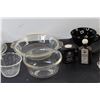 Image 3 : (7) Glass Dishes, Black Cup and Saucer, Salt and Pepper Shakers