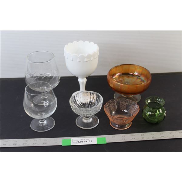 (6) Pieces of Glass Ware - Pink Depression Glass, Green Glass, Art Glass, Etc.