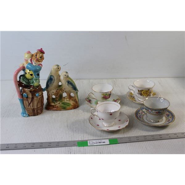 Bird Decoration, Dwarf Decoration, (4) Cups and Saucers