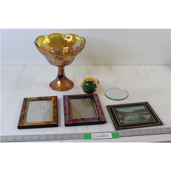 Marigold Carnival Glass "Grape Harvest" Pedestal Bowl, (2) Picture Frames, Mirror,