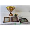 Image 1 : Marigold Carnival Glass "Grape Harvest" Pedestal Bowl, (2) Picture Frames, Mirror,