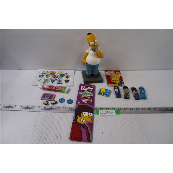 Simpson Lot: Homer Figurine, Lighters, Bubble Gum in Tube, Croc Pop Sockets, Incense, Misc.