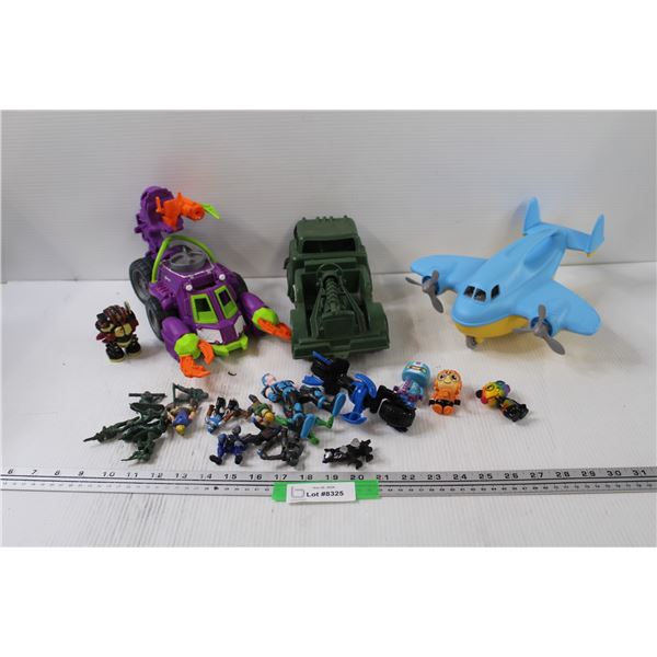 Toy Lot: Joker Car, Tank, Army Figurines, Plane, Forever Clever Figurines, Misc.