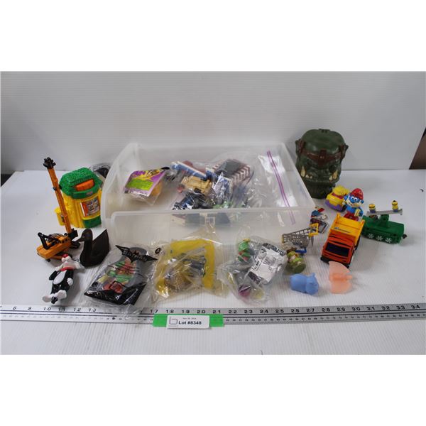 Various McDonalds Toys & Building Block Cars, Misc. in Storage Tray