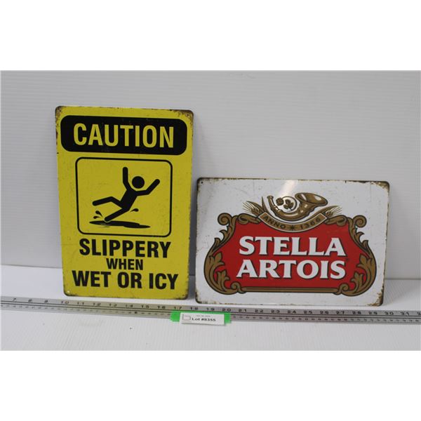 (2) Metal Signs: Caution Wet & Stella Artois