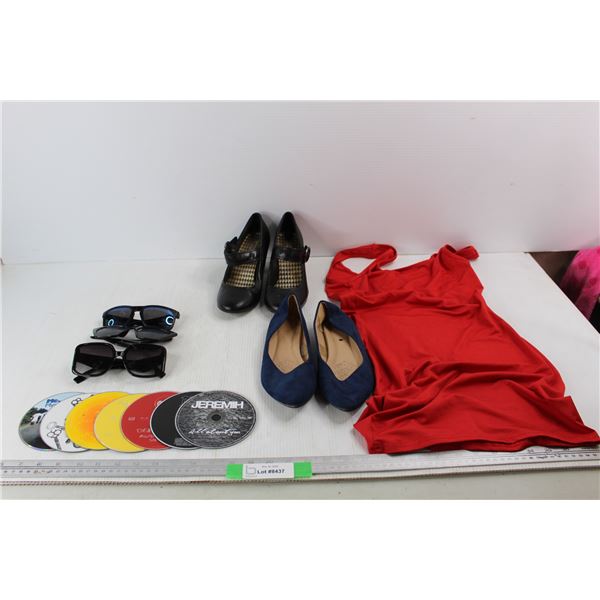 (3) Pairs Of Various Sunglasses, (2) Pairs Of Women's Dress Shoes, Both Size 6, Misc.