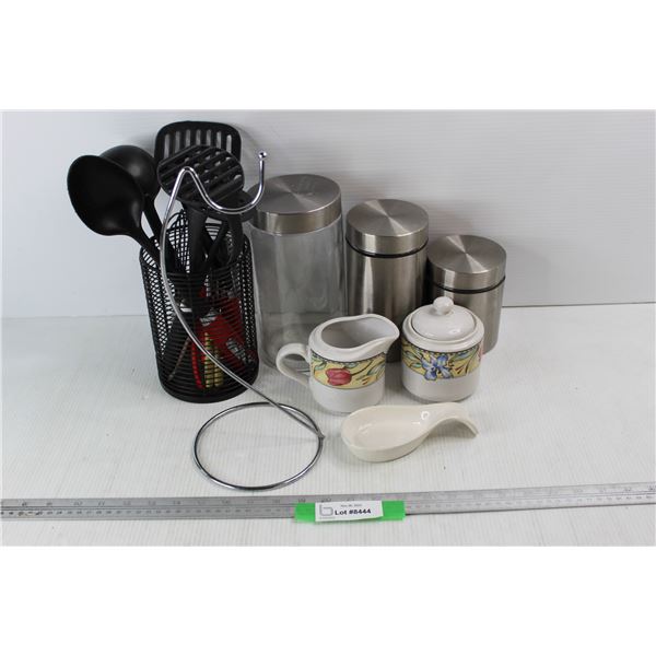 (4) Various Food Canisters/ Sugar Containers, (6) Various Cooking Utensils, Soup Ladles, Potato Mash