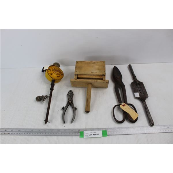 Vintage Wooden Butter Press, Pair Of Vintage Tin Snips, Misc.