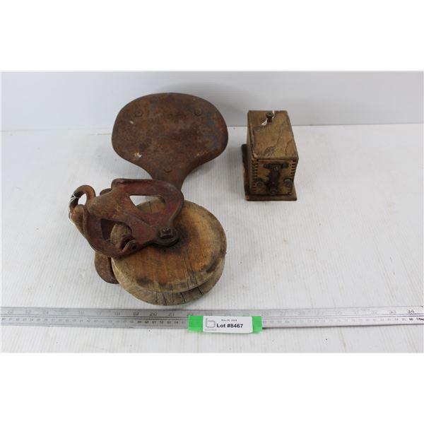 Ford Model T Motor Coil, Vintage Wooden Barn Pulley, Metal Bike Seat