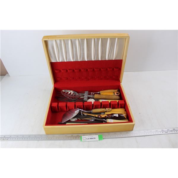 Vintage Wooden Silverware Box 15'' x 11'' x 3'' w/ Various Kitchen Utensils
