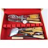 Image 2 : Vintage Wooden Silverware Box 15'' x 11'' x 3'' w/ Various Kitchen Utensils