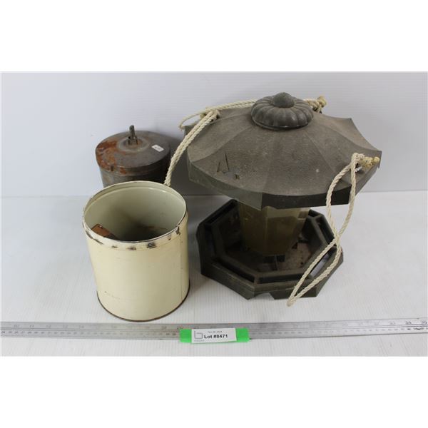 Plastic Bird Feeder- Damaged, Tin Full Of Various Furniture Items, Misc.