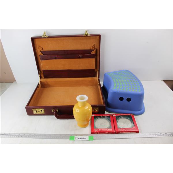 Leather Brief Case, Plastic Stool, Vase, Misc.