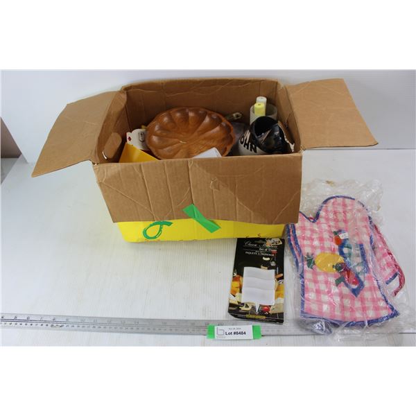 Box Of Various Kitchen Items, Oven Mitts, Measuring Cups, Misc.