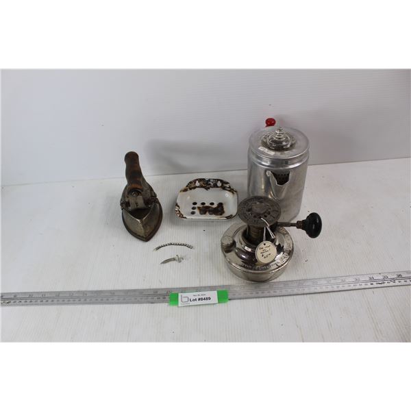 Vintage Enameled Soap Dish, Sad Iron w/ Handle, Misc.