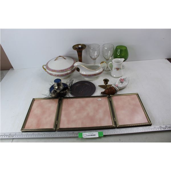 Lot Of Various Items, Fenton Gravy Boat w/ Serving Bowl w/ Lid, (3) Picture Frames, Misc.