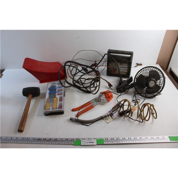 Turbo 6 Battery Charger, Rubber Hammer, 4 Way Crimping Pliers, Desk Fan and Misc.