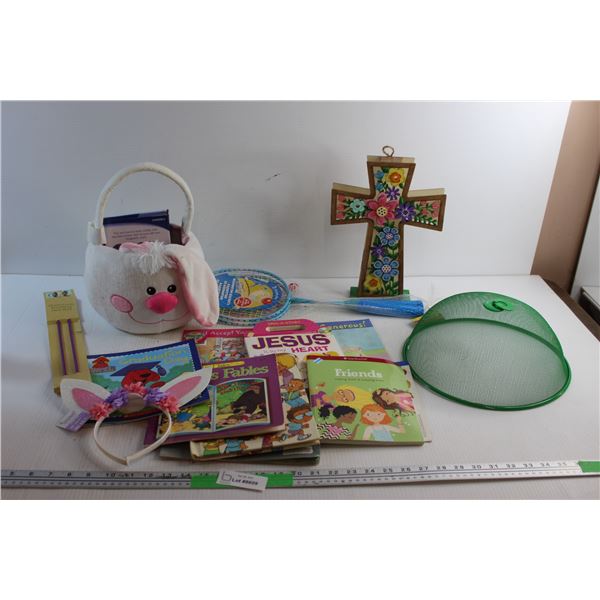 Bunny Basket, Kids Books, Cross Wall Decor, Knitting Needles and Badminton Set