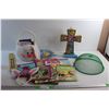 Image 1 : Bunny Basket, Kids Books, Cross Wall Decor, Knitting Needles and Badminton Set