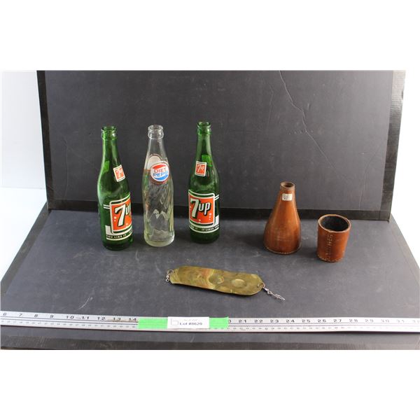 Vintage 7Up and Diet Pepsi Glass Bottles, Brass Fishing Lure and Pool Hall Pea Pool & Dice Shakers