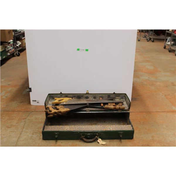 *Vintage Lion Brand Carpenter's Tool Box 33'' x 16'' and Hand Saws