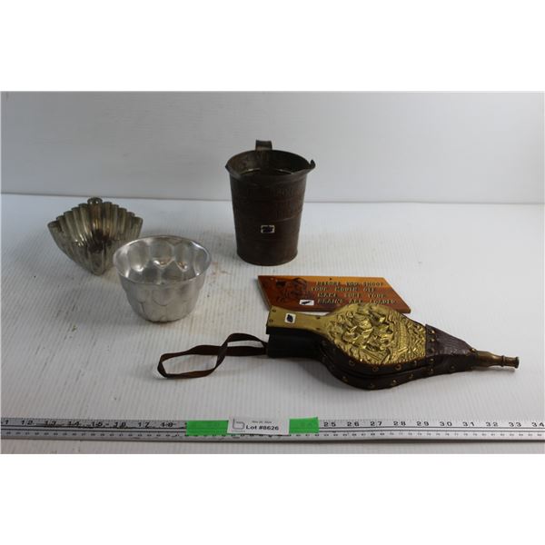 Fireplace Bellows, Metal Molds, Quart Measure and Wooden Wall Decor