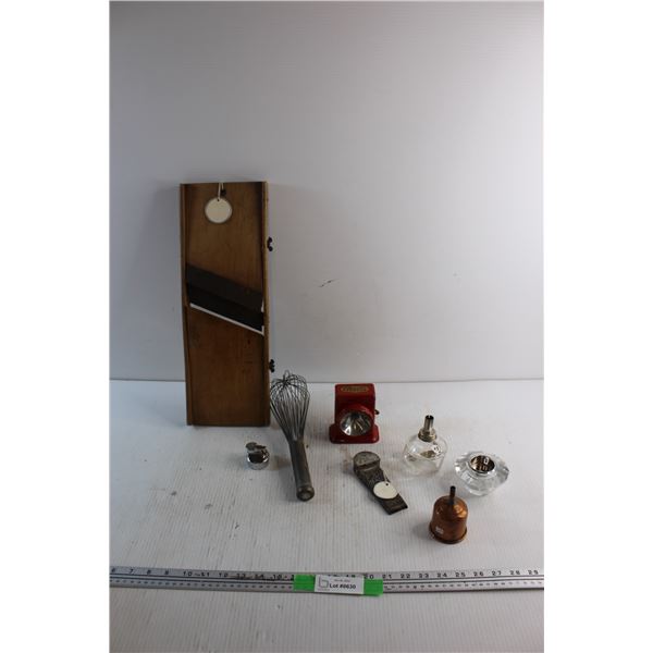 Vintage Whisk, Nutmeg Greater, Cabbage Cutter, Lantern Flashlight, Lighter, Liquid Strainer and Misc