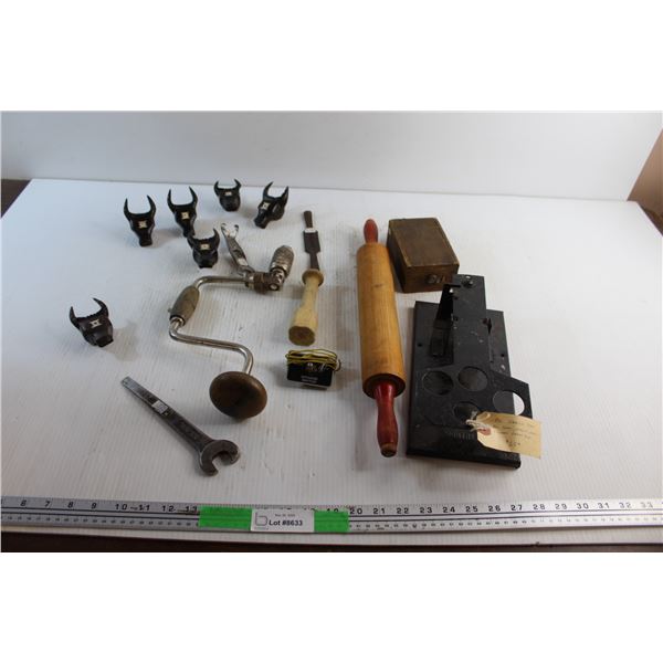 Egg Grading Scale, Dough Roller, Hand Drill Wrench, Bull Head Napkin Rings and Misc.