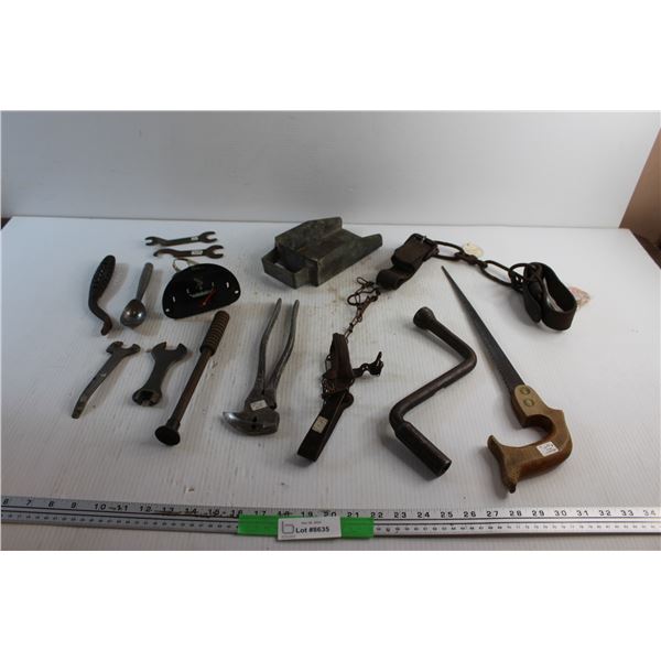 Keyhole Saw, Animal Traps, Wrenches, Horse Goblets, Grain Sample, Fencing Pliers and Misc.