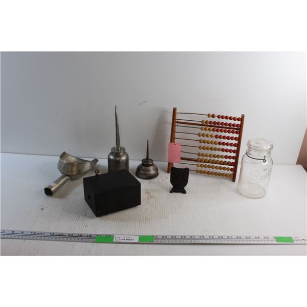 Oil Cans, Store Scoop, Cookie Jar, Cast Iron Flag Holder, Adding Machine and Vintage Camera