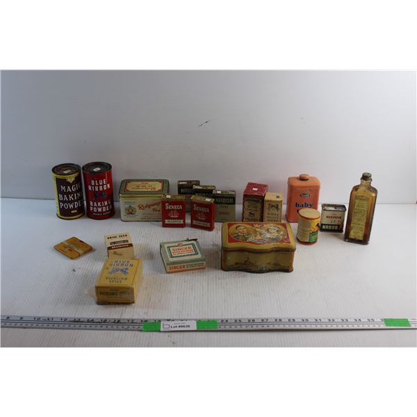 Vintage Spice Tins, Baby Talc, Baking Powder - Sealed, Storage Tin and Vintage Glover's Glass Bottle
