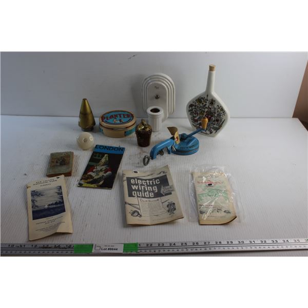 Vintage Bean Slicer, Vintage Brochures, Porcelain Light Fixtures, Door Knob, Lighter, Planters Tin a