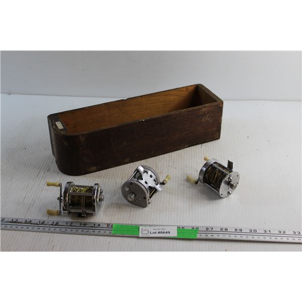 Vintage Wooden Sewing Machine Drawer and Vintage Fishing Reels