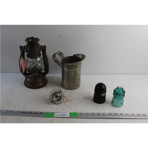 Rubber & Glass Insulators, Vintage Lantern, Metal Pint and Spinning Top