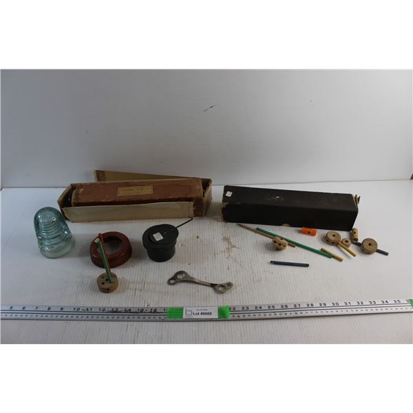 Tinker Toy, Candle Holder, Glass Insulator, Wrench and Piano Rolls